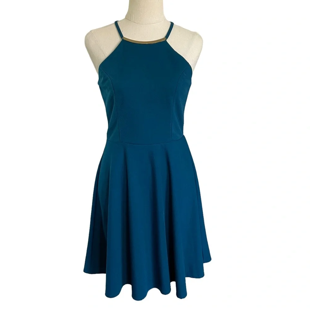 GLAMOROUS Sz S Aqua mini party dress with metal neckline detailing - Picture 1 of 8